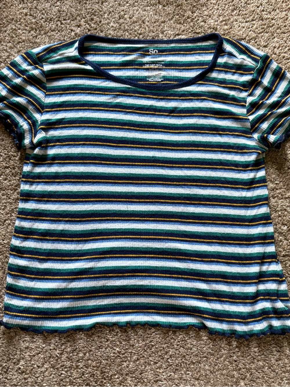 SO Striped Ribbed Short Sleeve Tee in Teal, Navy & White